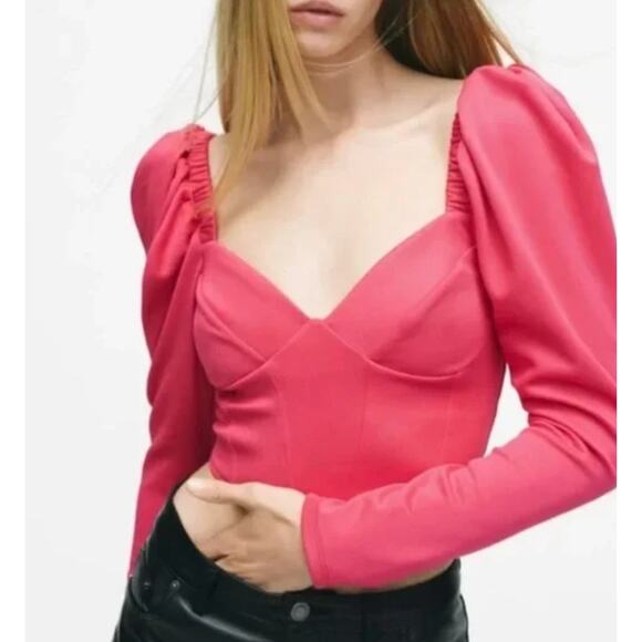 Zara Tops - Zara Pink Long Sleeve Corset Top Puff Shoulder - Size M